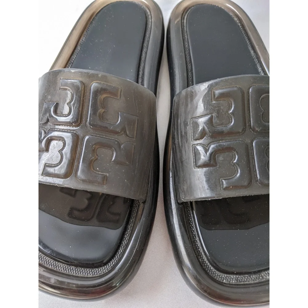 Tory Burch Bubble Jelly Slide Sandal Black‎ Womens Size 6B Double T Logo Slip On